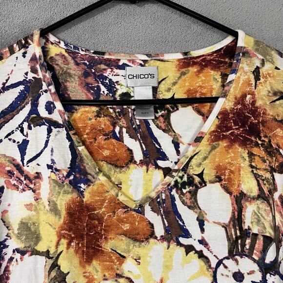 Chicos Blouse Floral Fall Top Gold Orange Purple Womens XL V-neck - Picture 2 of 8
